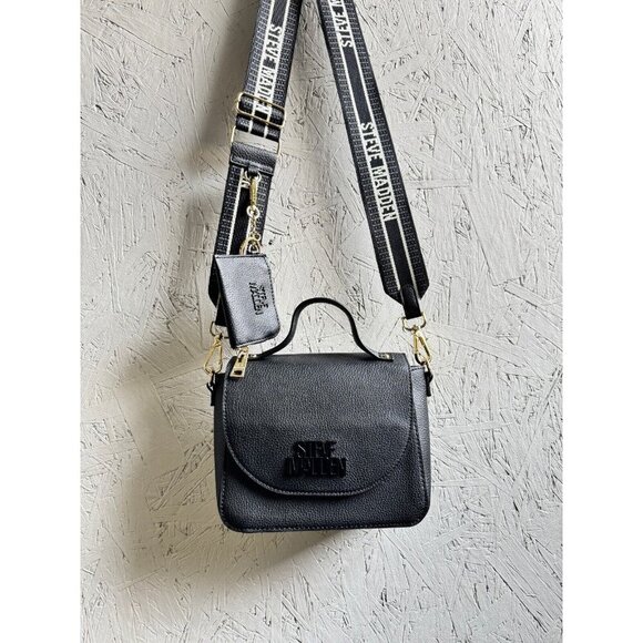 STEVE MADDEN flap satchel crossbody web strap + mini cardcase -Black 2 Piece set - Picture 8 of 11